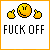 A 2x2 contact sheet of four animated frames showing a pixelated yellow smiley face with two middle fingers on either side and the text "FUCK OFF" below, each frame displaying slight variations in finger position and facial expression.