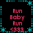 Pixelated text and symbols arranged in a on black background with cyan border elements
