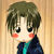 Pixelated anime-style character with brown hair and red cheeks in four sequential expressions against wooden background.