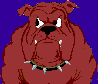 Pixelated red bulldog with spiked collar against purple background, showing four distinct facial expressions including neutral and aggressive states.