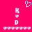 Pixelated pink background with white text and heart symbols arranged symmetrically, featuring 'K' above a small heart and 'D' below on both sides.