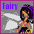 Pixel art contact sheet showing two frames of an animated fairy character with purple hair, wings, and black outfit against gray background with white sparkles.