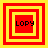 Four square display red and yellow layered squares with 'LOPY' text, each showing a different arrangement of the nested shapes