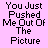 A 4x4 contact sheet of animated frames showing a text-based animation where the phrase "You Just Pushed Me Out Of The Picture" progressively degrades into partial and corrupted text on a pink background with gray transparency in the bottom-right corner.