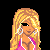 Pixel art of a blonde woman in pink bikini top and white shorts with red crosses, wearing sunglasses and large earrings.