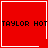 Red square icon with black text "TAYLOR HOT" and white border, featuring a white heart in top-right and white star in bottom-right in different frames.