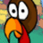Pixelated cartoon bird with brown head, large white eyes, orange beak, red chest, and green background, with overlaid pixel text.