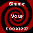 Four identical red and black spiral patterns with white text reading "Gimme Your Cookiez!" arranged in a on a solid red background