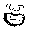 Pixelated black-and-white cartoon face with two curved eyebrows above a wide mouth, showing sequential animation frames where the mouth changes from rectangular to smiling.