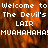 Pixelated text reads 'Welcome to The Devil's LAIR MUHAHAHA!' over a fiery orange-brown background with visible motion blur effects.