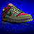 Pixelated image of a high-top sneaker with multicolored patterns on blue background.