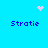 Pixelated blue background with four 'Stratie' text instances and three pink pixel clusters: one heart, one starburst, and one scattered dots.