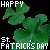 Pixelated green four-leaf clover with white text 'HAPPY' above and 'St. PATRICKS DAY' below on black background.