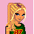Pixel art of a blonde woman with blue eyes wearing green top and white pants, surrounded by 'Angel' text in pink and purple butterflies on light blue background.