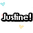 Pixelated text 'Justine!' in bold black and white with a pink accent dot, flanked by light blue and yellow pixel hearts on a plain background.
