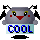 Pixelated gray character with black antennae and red cheeks holds a light blue sign reading COOL in blue text, showing four distinct facial expressions.