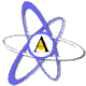 Atomic-style icon with blue and white orbital rings surrounding a central circle containing a black letter A on yellow background.