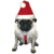 A pixelated pug wearing a red Santa hat with white trim and a small white ball, standing against a plain background.