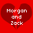 Two identical pixelated red heart icons with white text "Morgan and Zack" displayed side-by-side on a solid red background.