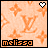Pixelated peach background with repeating orange monogram patterns and a white heart icon in the top-right corner.