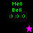 Green text 'Mell Bell' above three pixelated smiley faces on black, purple, pink, and dark purple backgrounds with a star icon.