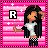 Pixel art contact sheet of a 3-frame animated icon featuring a cartoon character with long black hair against pink striped background, showing variation in the 'R' logo color across frames.