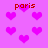 Pixelated pink background with scattered magenta hearts and red text reading 'paris' in multiple positions.
