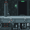 Pixel art scene of a dark industrial interior with metallic structures, red indicator lights, and green illuminated panels on walls.