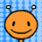 Pixelated orange circular head with black outline, two antennae with white tips on blue checkered background; yellow text 'Smile' on solid blue right side.