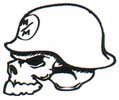 Black and white line drawing of a skull wearing a military helmet with an insignia on the side, viewed in profile against a plain background.