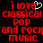 Red pixelated text on black background reads 'i love classical pop and rock music' with a white heart symbol replacing the 'o' in 'love'.
