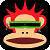 Pixelated monkey face with red spiky hair, green sunglasses, and a wide open mouth against black background.