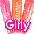 Pixelated icon with pink and orange gradient wings framing a central column, featuring 'Girly' text in white outlined by bright pink.