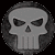 Two circular grayscale skull icons side-by-side, each with a dark outer ring and stylized facial features.
