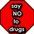 Two red octagonal stop sign icons side-by-side with black text reading 'say no to drugs' on the left and 'say yes to locos' on the right.