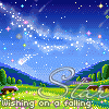 Animated pixel art scene with falling stars, swirling clouds, and a landscape of green fields, trees, and mountains under a blue sky.
