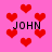 Pixelated red hearts float on a pink background with four instances of the text "JOHN" in black block letters.