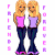 Two identical pixelated female figures in pink and purple tops with blue jeans, standing side-by-side on a white background with vertical purple/pink gradient borders, next to green text reading "Original Icons .com" on dark green.