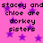 Pixelated text repeats 'stacey and chloe are dorkey sisters' over a pink background with purple stars.