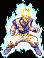 Pixelated character in orange and blue outfit with spiky yellow hair, surrounded by white aura against black background.