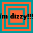 Four identical square with alternating orange and teal concentric borders, each containing the text "i'm dizzy!!!" in black pixelated font