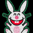 Pixelated bunny with green outline, white body, pink nose and feet, red mouth showing teeth, black eyes on dark background.