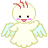 Pixelated angel figure with light blue wings, pink cheeks, red mouth, and three red zigzag marks on its head; left pose shows arms at sides, right pose shows raised hand near face.