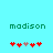 Green text 'madison' on cyan background with red and pink heart icons below, showing animation change in heart positions.