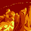 Pixelated landscape with fiery orange and yellow terrain against a deep red background, featuring jagged rock formations and scattered light particles.