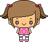 Pixel art girl with brown pigtails and red hair ties, pink polka-dot top, white shorts, and pink shoes; two expressions shown.