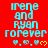 Red background with cyan text reading 'Irene and Ryan forever' repeated three times, each followed by four small yellow hearts.