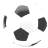 Pixelated grayscale soccer ball with dark and light patches, two vertical side marks, a curved bottom mark, and faint white background pixels.