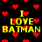 Black background with red pixel hearts scattered throughout; yellow text "I LOVE BATMAN" repeated in four quadrants, each letter formed by individual pixels.
