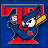 Pixelated character in blue outfit with red accents holding a yellow bat, standing against solid blue background.